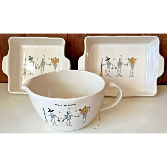 Rae Dunn Other - Rae Dunn Artisan Collection Trick Or Treat Mixing Bowl & 2 Halloween Skeleton Tr